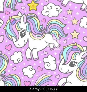 Seamless pattern with cute unicorns, clouds, stars. Magical children`s background. For the design of wallpaper, fabric, wrapping paper, scrapbooking, Stock Vector
